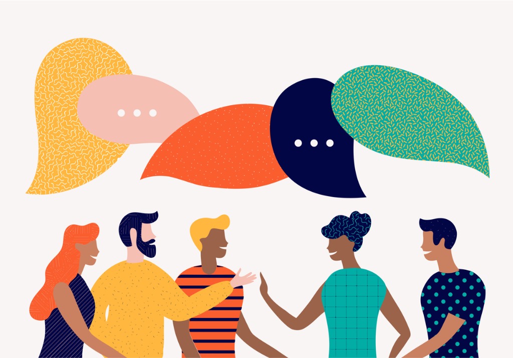 Graphic of five people talking, above them are various coloured speech bubbles.