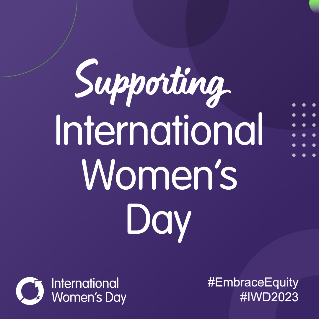 Supporting International Women's Day 2023 graphic with a purple background and white text