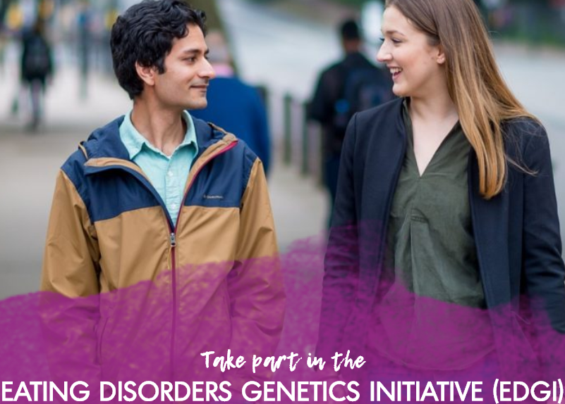 Sceenshot of EDGI homepage of two people looking at each other, below them says the words "Eating Disorders Genetics Initiative (EDGI)"