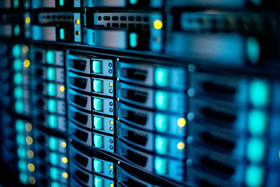 Close up of computer data centre storage disks