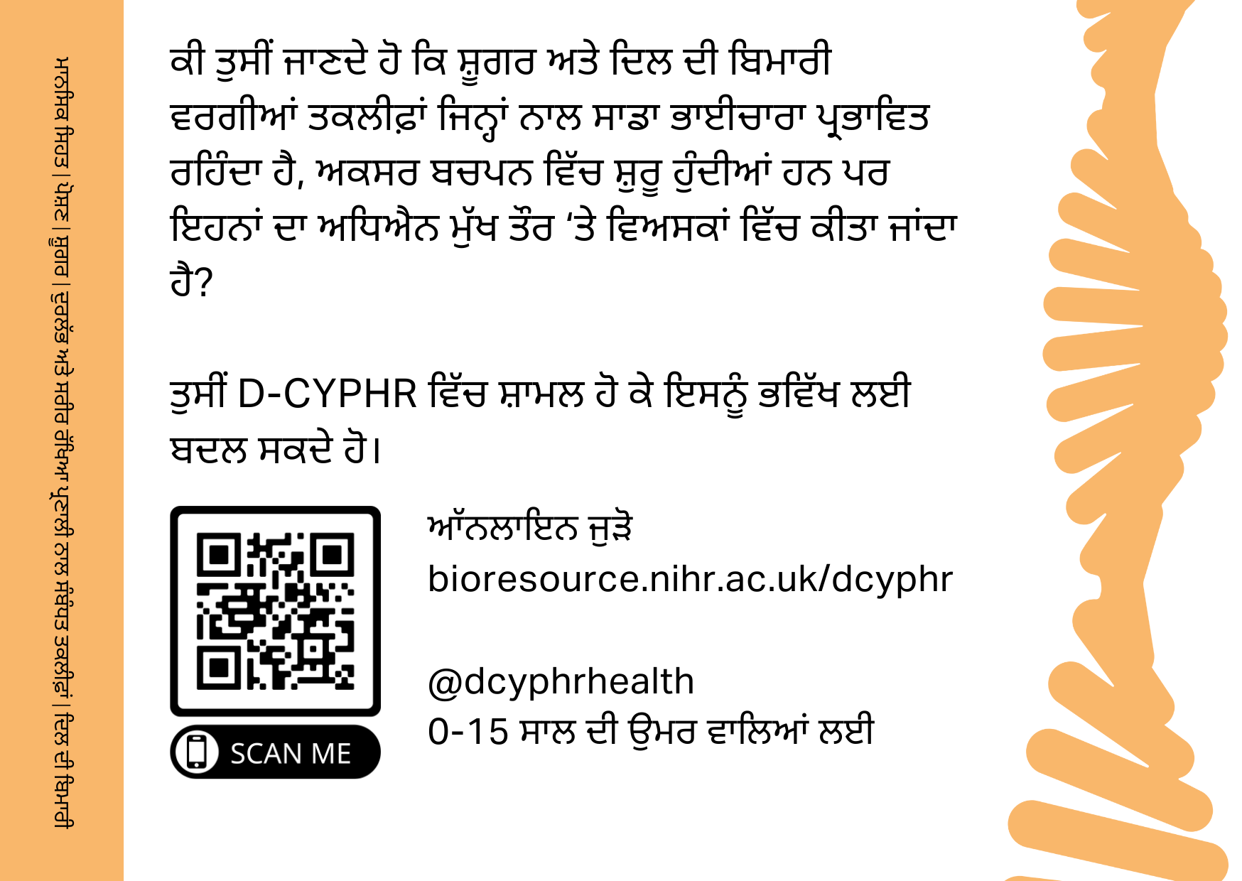 D-CYPHR postcard with Urdu writing on the back, QR code and D-CYPHR weblinks and social media profiles. 