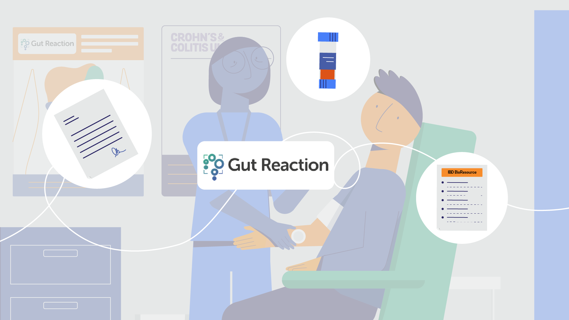 Gut reaction image on person and doctor running tests.