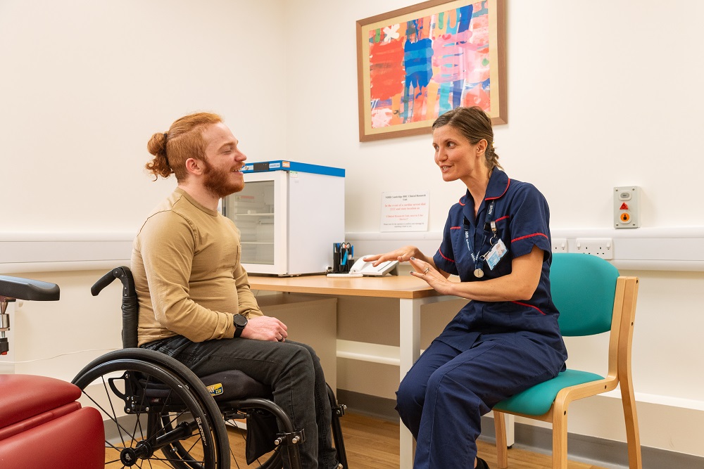 Disabled model Charlie has a chat with our friendly Cambridge centre nursing staff during a photoshoot with Purple Goat.  