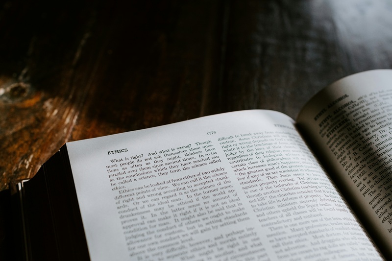 Photo of a book with ethics at the top