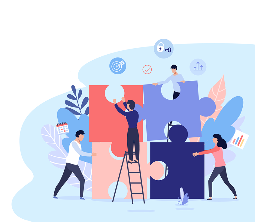 People working on large jigsaw to represent working together to bigger purpose: illustration