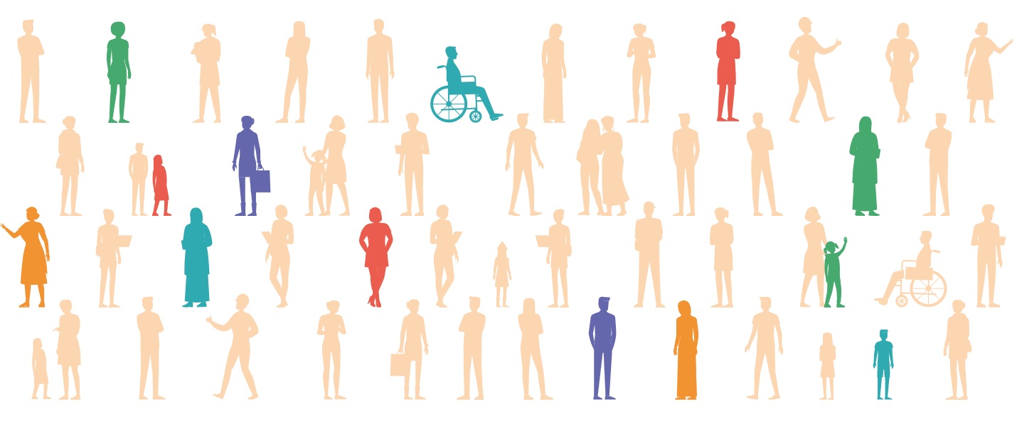 Silhouette group of people, some orange, some different colours on white background