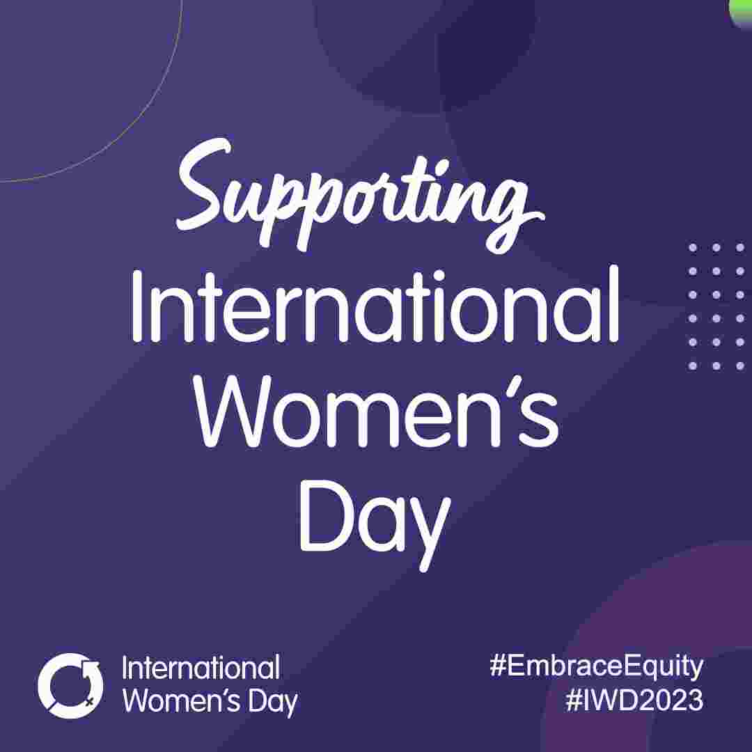 Supporting International Women's Day 2023 graphic with a purple background and white text