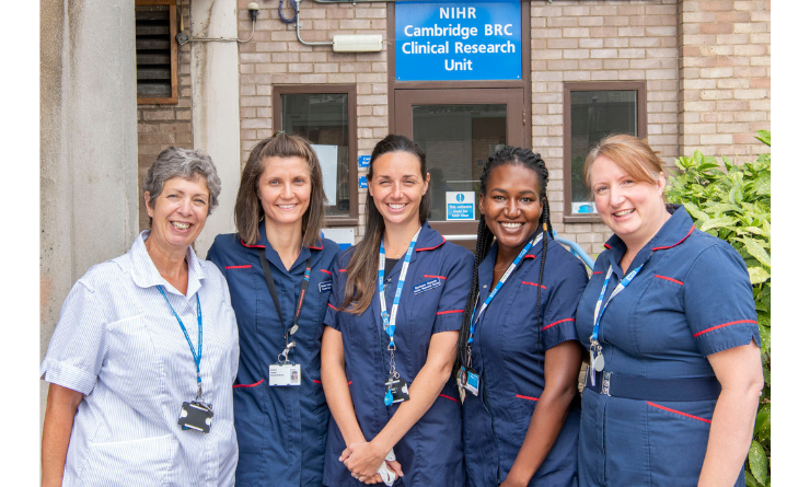 Gillian, Dani, Barbara, Aisha and Emma from our clinical team outside our Clinical Research Unit on the Addenbrooke's hospital campus in Cambridge