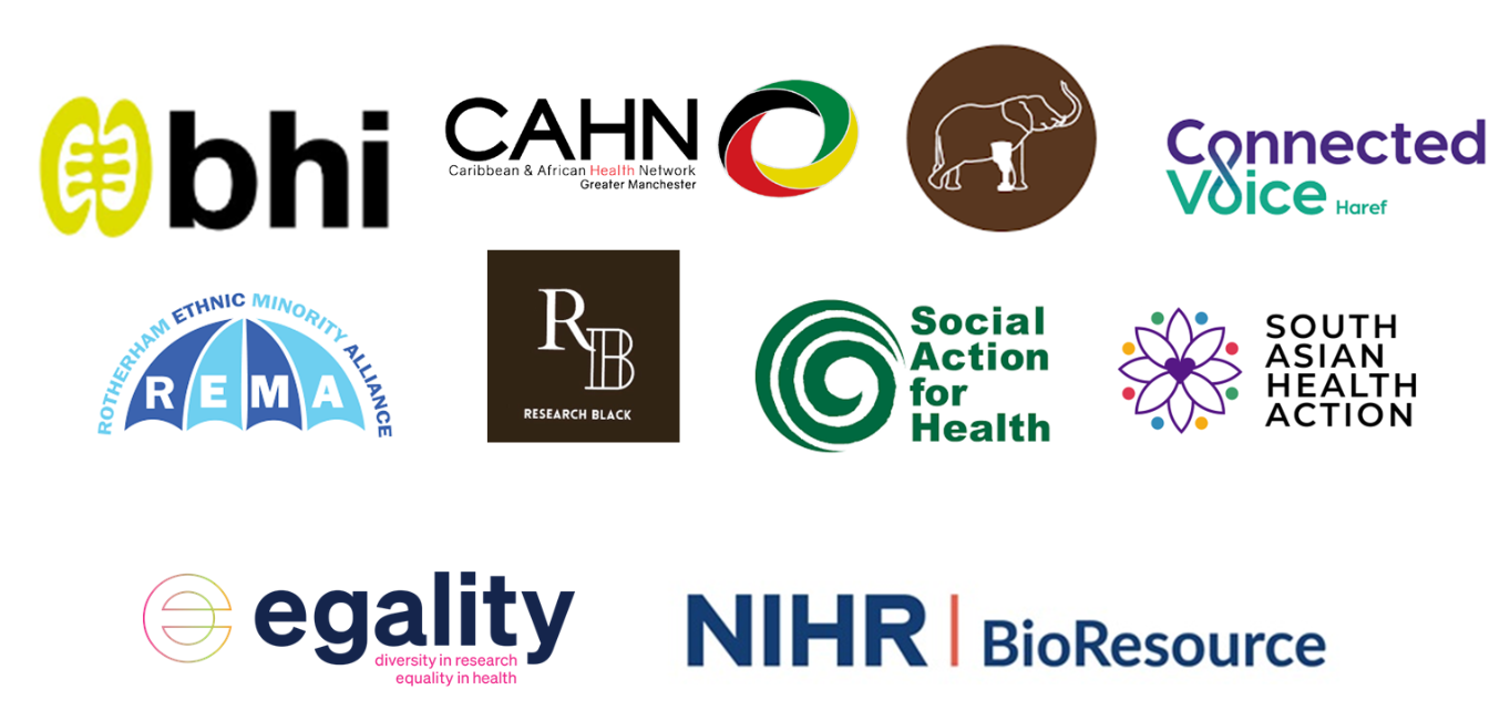 A selection of 10 different logos for various community organisations, the NIHR BioResource and Egality Health