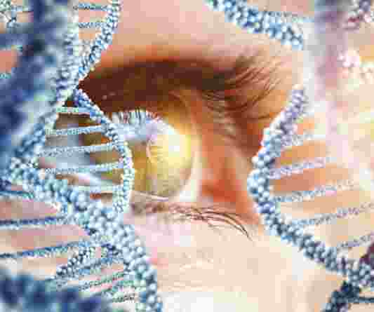 Person's eye and DNA helix to suggest inspection of DNA and genes