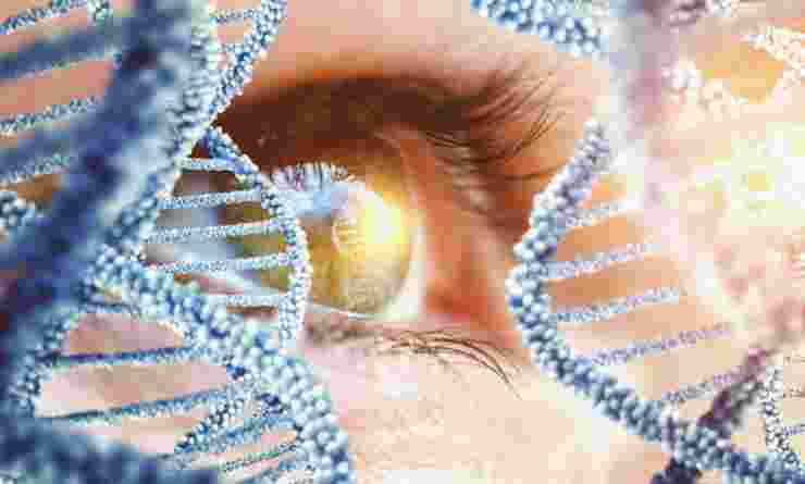 Person's eye and DNA helix to suggest inspection of DNA and genes