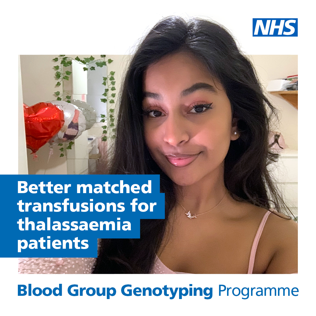 Young Asian woman smiling at the camera in a hospital with the caption "Better matched transfusions for thalassaemia patients"