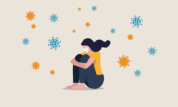 Illustration of anxiety over virus infection; woman holding knees surrounded by virus particles