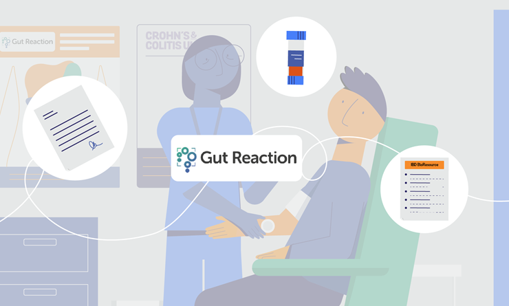 Gut reaction image on person and doctor running tests.